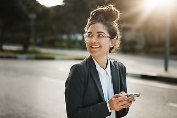 Image showing Thinking, city and woman with a cellphone, employee and travel with social media, opportunity and email. Female person, ideas or consultant with a smartphone, street and sms with message and decision