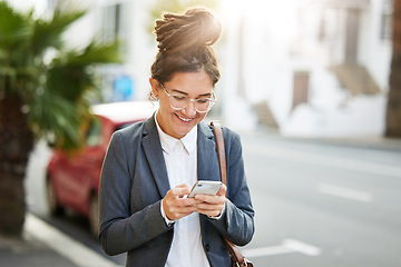 Image showing Corporate, street and woman with a smartphone, typing and travel with network, online reading and social media. Female person, employee in a city and consultant with a cellphone, mobile app and email