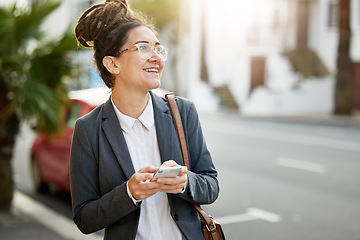 Image showing Business, city and woman with a cellphone, thinking and travel with connection, social media and opportunity. Person, employee outdoor and agent with a smartphone, mobile app and ideas with happiness