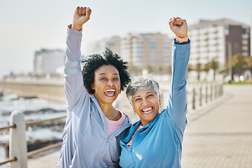 Image showing Fist pump, women and portrait, fitness success and senior friends with winning and workout goals outdoor. Team, happiness and female people with cheers, exercise together at beach and celebration