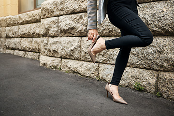 Image showing Hands, heels fix and business woman on road with shoes and job fashion on work commute. City travel, female professional and walking on urban pavement, street and sidewalk with legs and mockup space