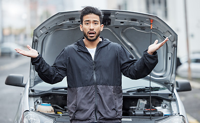 Image showing Car, crisis and portrait of confused man with breakdown, stress or panic with wtf hands in a city. Vehicle, fail and face of Japanese male driver surprised by accident, emergency or engine problem