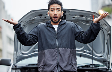 Image showing Car, fail and portrait of confused man with breakdown, stress or panic with wtf hands in a city. Vehicle, emergency and face of Japanese male driver surprised by accident, crisis or engine problem