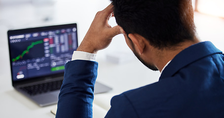 Image showing Closeup, anxiety and laptop with man and stock market crash for finance, sad and investment. Failure, inflation and stress with male employee for accounting risk, data analytics and trading crisis