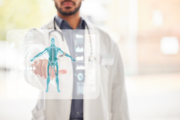 Image showing Doctor, man and analytics, hologram and skeleton, overlay and graphs with healthcare information. Mockup space, human anatomy and x ray with infographic, male person in medicine and health with 3D