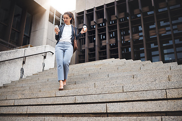 Image showing Business woman, job stairs and phone with work commute, coffee and worker in city. Urban town, female lawyer and steps to company with mobile networking and professional in morning with employee walk