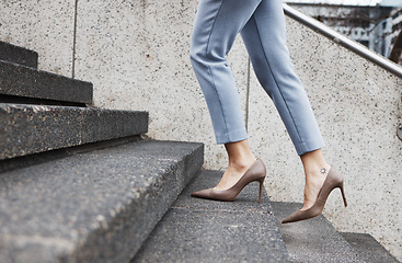 Image showing Walking, stairs and shoes of business woman for morning commute, journey and travel in city. Professional, future goals and closeup of female person for career success, work and job progress in town