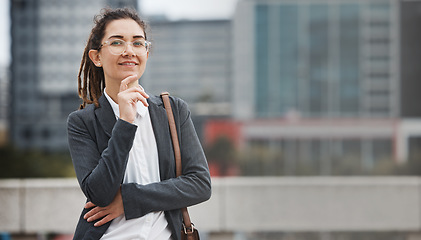 Image showing Business woman, portrait and gen z outdoor with a smile and creative job pride. City, mockup up space and work commute with a professional and female person with trendy piercing from New York in town