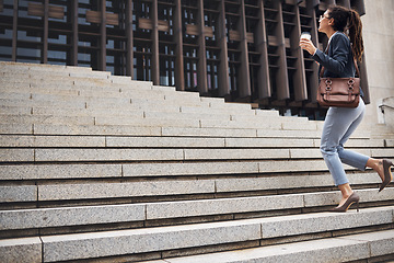 Image showing Business woman, stairs and coffee break with commute and work in city for job growth. Urban, lawyer and company steps with progress and future success in morning with employee and mockup space