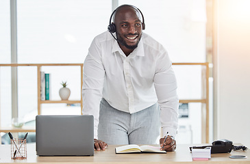 Image showing Man, call center and writing, thinking or planning communication, telemarketing sales and customer support. Notes, schedule and consultant or african person for virtual discussion, ideas and computer