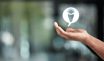 Image showing Hand, icon and call center app with mockup space in an office for customer service or support. App, contact or banner with a crm logo in a palm of an adult for consulting, communication or assistance