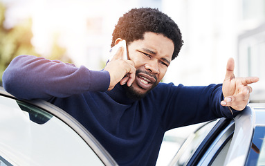 Image showing Phone call, vehicle breakdown and a frustrated black man talking to roadside assistance with an issue or problem. Car, insurance and travel with a male client speaking on his mobile in the city