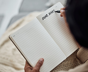 Image showing Reflection, writing and a person with a notebook in bed for planning, notes or relax in the morning. Above, paper and hands of people with a book for creativity, thoughts and journaling for an idea