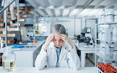 Image showing Fail, mistake and scientist with stress in a laboratory due to research crisis worried, anxiety and frustrated by results. Headache, burnout and tired professional with a medical error in a lab