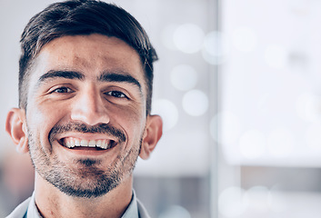 Image showing Face, happy doctor and man in hospital for healthcare with bokeh, mockup space and wellness career. Portrait, medical professional and excited worker, employee or expert surgeon from Spain with smile