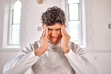 Image showing Stress, fencing and sports with man and headache for pain, thinking and migraine. Mental health, frustrated and challenge with male athlete at tournament for anxiety, training and sick problem