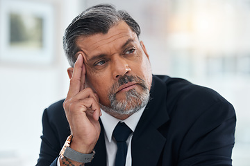 Image showing Man, thinking and stress in office with doubt, questions and fear of future business problem. Face of corporate manager, CEO and boss with brain fog of memory, remember bankruptcy risk and depression