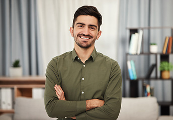 Image showing Portrait, consultant and man with arms crossed in home for remote work. Face, business professional and confident entrepreneur from Spain with smile, happy and positive mindset for freelance career