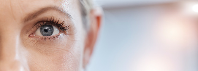 Image showing Closeup, woman and eye with health for vision, looking and contact lens with mockup space. Zoom, half face and model with eyesight, cyber security and cornea scan with safety, banner and eyelashes