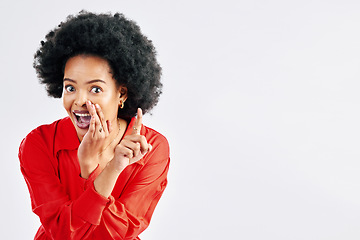 Image showing Secret, excited pointing and woman portrait with whisper in studio with smile. Hope, happy and female person with mockup space and white background showing wait emoji hand gesture for bonus or prize