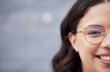 Image showing Smile, mockup and face of woman student happy for academic campus, college and university feeling confident. Smart, intelligent and portrait of young female person ready for scholarship or education