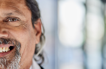 Image showing Smile, half portrait and a man at work for advertising of space, marketing and corporate professional. Happy, bokeh and face of a businessman or employee in the workplace woth mockup for career