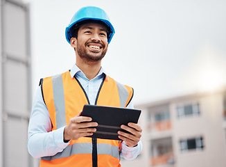 Image showing Construction worker, tablet and man builder with research and digital data for building installation. Thinking, engineer and male contractor with app and industrial project with tech and online plan