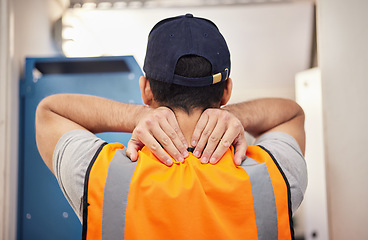 Image showing Construction, work and back of a man with pain from building, home renovation or handyman work. Massage, accident and a worker or contractor with muscle fatigue, problem or an injury from labor