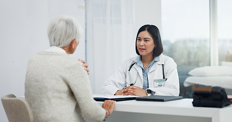 Image showing Healthcare, talking and a doctor with a senior woman, shoulder pain problem and support in an office. Hospital, consulting and a female nurse speaking to an elderly patient about medical advice