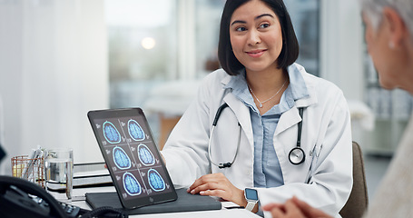 Image showing Tablet, brain x ray and patient with doctor, medical results and consultation with advice on health diagnosis. Neurology, anatomy and radiology, women talking in office about surgery and healthcare