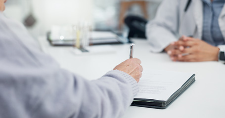 Image showing Medical paperwork, health insurance and hands, signature and patient with doctor in office. Healthcare, policy documents and compliance, people at hospital with consent form for surgery and contract