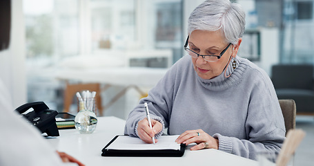 Image showing Medical paperwork, health insurance and old woman, signature and patient with doctor in office. Healthcare, policy documents and compliance, people at hospital with consent form for surgery and help