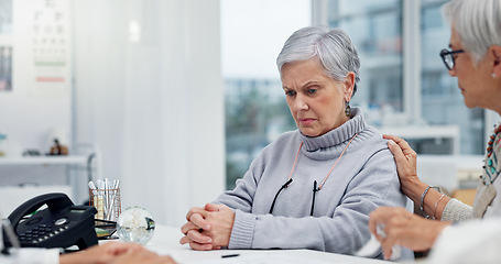 Image showing Healthcare, cancer or bad news with a senior woman and friend talking to a doctor in the hospital. Medical, support and diagnosis with a medicine professional consulting a patient in the clinic