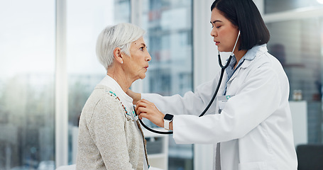 Image showing Doctor, stethoscope and senior woman for cardiology exam, healthcare service and healthcare support or check. Heart, listening and medical professional, people or elderly patient breathing in clinic