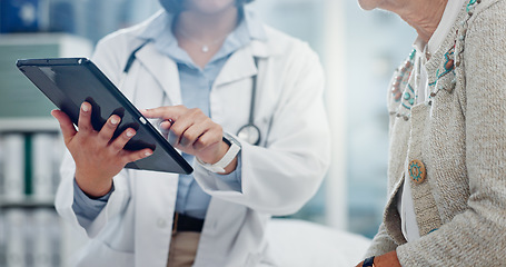 Image showing Tablet, doctor hands and people for healthcare information, test results and support or helping. Typing, search and medical professional with patient charts on digital technology for clinic services