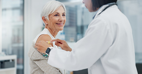 Image showing Medical, blood pressure or checkup with a doctor and patient in the hospital for a health appointment. Healthcare, insurance and consulting with a woman medicine professional and senior in a clinic