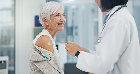 Image showing Medical, blood pressure or checkup with a doctor and patient in the hospital for a health appointment. Healthcare, insurance and consulting with a woman medicine professional and senior in a clinic