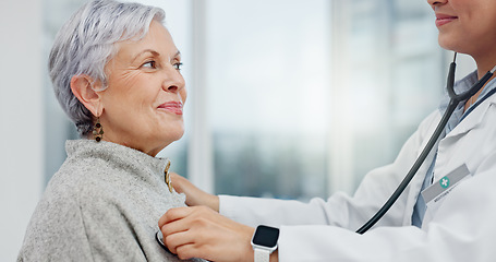 Image showing Doctor, stethoscope and senior woman breathing for cardiology exam, healthcare service and support or check. Heart, listening and medical professional, happy people or elderly patient in consultation