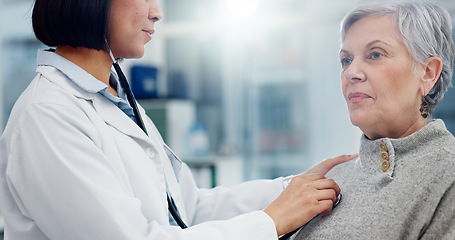 Image showing Senior woman, breathe and doctor, stethoscope and cardiology exam, healthcare service and support or check. Heart, listening and medical professional, people or elderly patient in clinic consultation