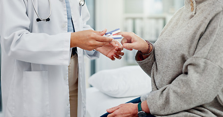 Image showing Healthcare, hands and a doctor with a patient and oximeter to check oxygen in the blood in a consultation. Hospital, help and a medical worker with gear and a person for health results at a clinic