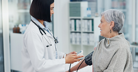 Image showing Senior woman, blood pressure and doctor for healthcare service, hospital office support and clinic monitor. Diabetes, hypertension test and elderly patient with medical professional advice or helping