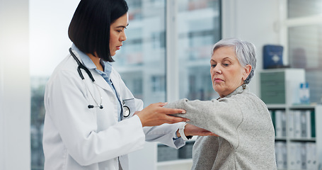 Image showing Senior woman, doctor and physiotherapy of arm for support, help and healthcare. Elderly, medical professional and person in rehabilitation for physical therapy, wellness and stretching for healing.