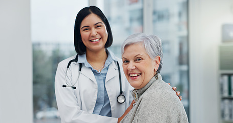 Image showing Face, doctor and old woman with a smile, elderly patient and consultation with checkup, appointment and happiness. Portrait, medical professional or mature client with healthcare, wellness or results