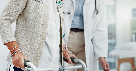 Image showing Hands, doctor and senior woman in walking frame of healthcare service, muscle support or rehabilitation. Nurse, medical physiotherapy and elderly patient with disability, Parkinson and clinic helping