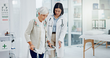 Image showing Support, doctor and senior woman in walking frame for healthcare service, muscle health or rehabilitation. Nurse, medical physiotherapy of elderly patient with disability, Parkinson or clinic helping