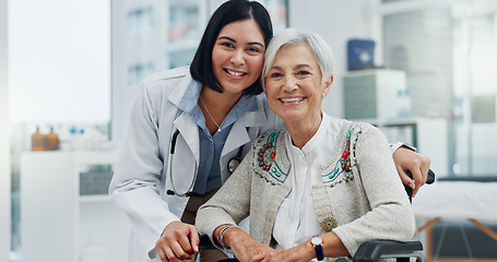 Image showing Senior woman, patient and doctor with smile, face or kindness at consultation with hug for healthcare advice. Happy medic, elderly lady and respect in office for trust, health and portrait at clinic