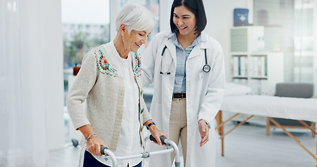 Image showing Support, doctor and senior woman in walking frame for healthcare service, muscle health or rehabilitation. Nurse, medical physiotherapy of elderly patient with disability, Parkinson or clinic helping