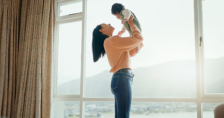 Image showing Love, happy and mother with baby in bedroom for playful, relax and free time. Happiness, smile and health with woman and newborn infant in family home apartment for support, excited and youth