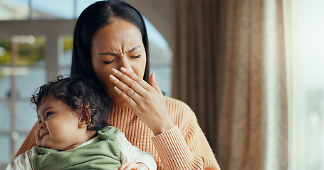 Image showing Family, yawn and tired mother with baby for bonding, quality time and relaxing together at home. New born, motherhood and exhausted mom carry young infant for care, support and affection in bedroom