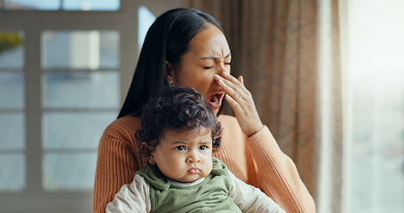 Image showing Family, yawn and tired mother with baby for bonding, quality time and relaxing together at home. New born, motherhood and exhausted mom carry young infant for care, support and affection in bedroom